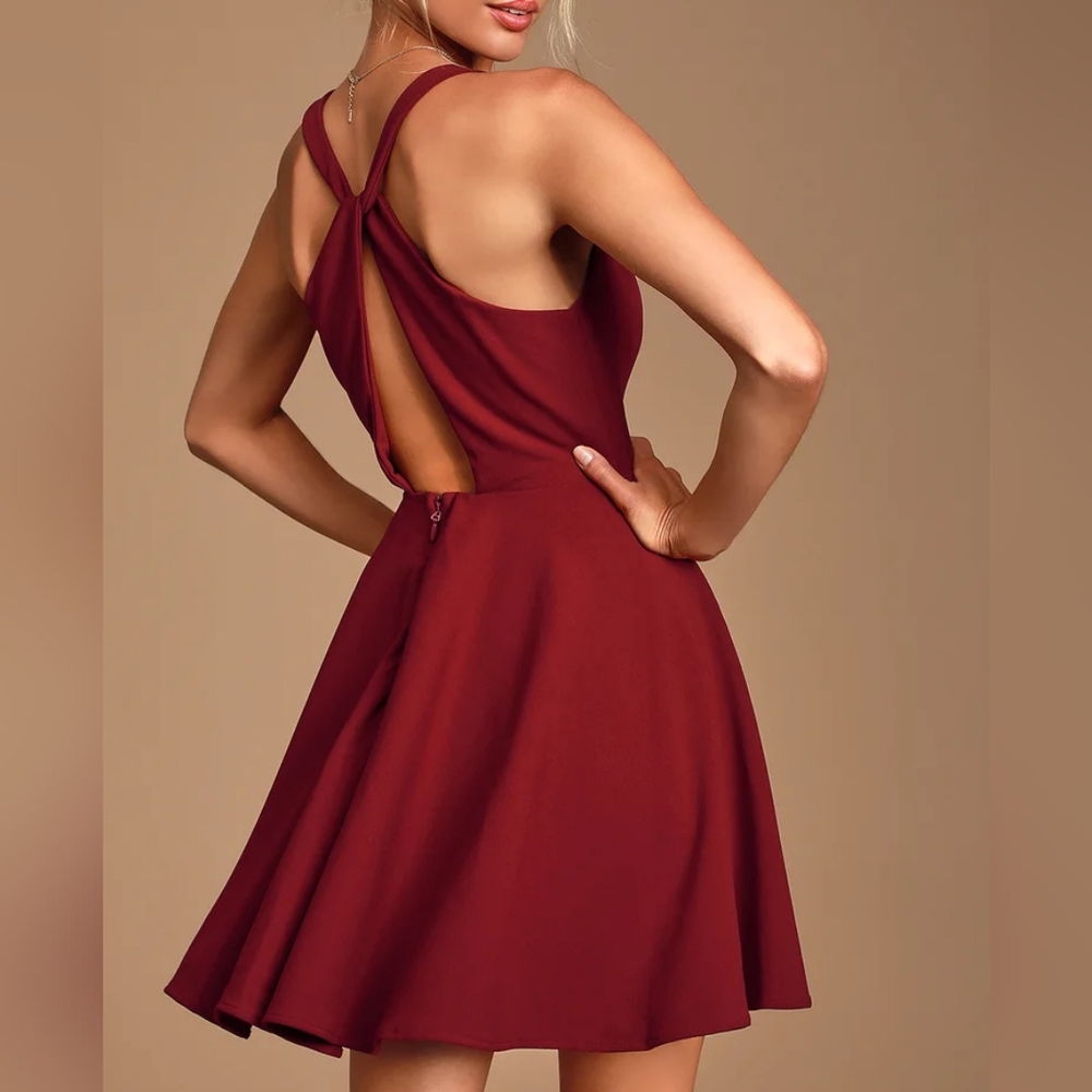Lulu's Wonder Whirl Wine Red Twist Back Skater Dress